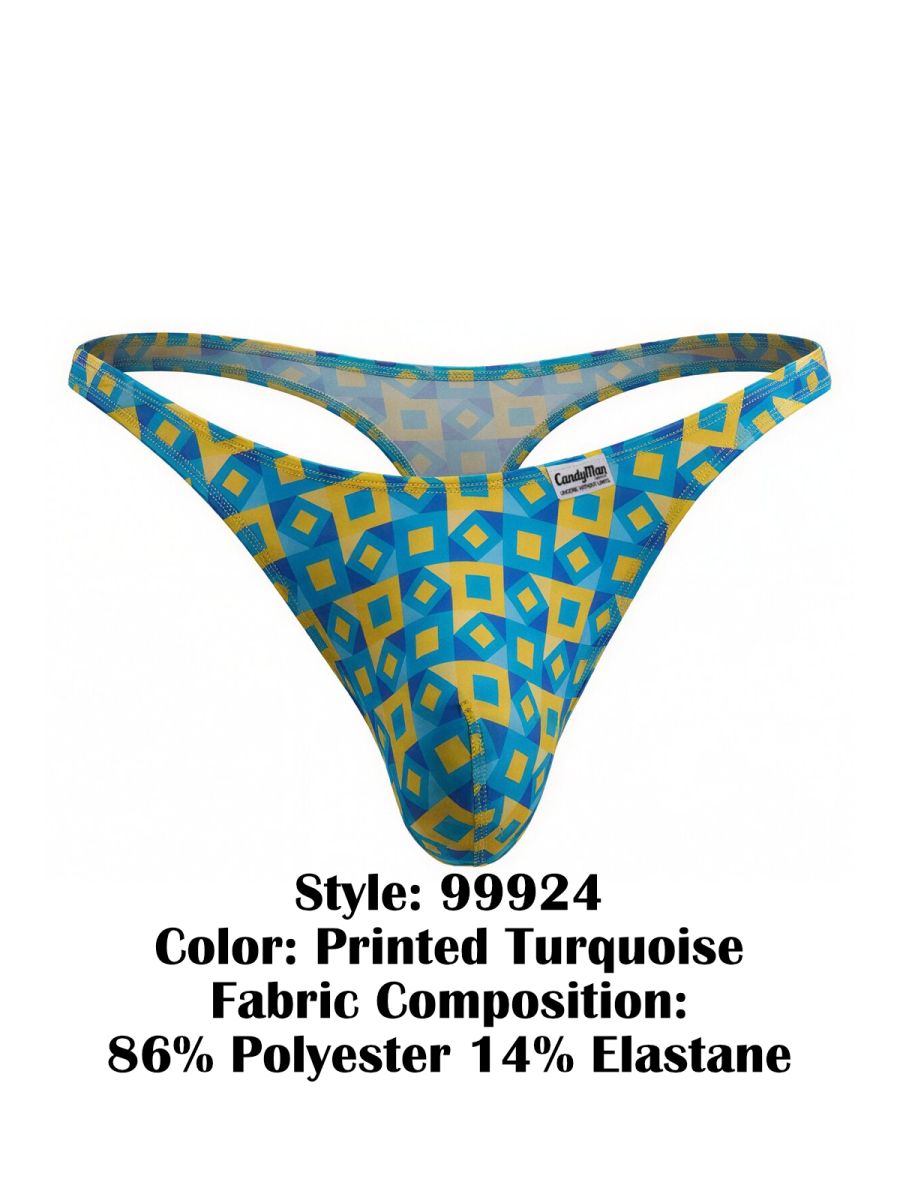 Candyman 99924 men’s thong in blue and yellow geometric print with turquoise color printed fabric front view