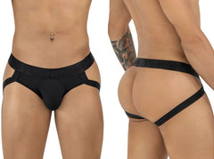 Black sleek form-fitting CandyMan 99925 jockstrap briefs with wide waistband and side straps front view