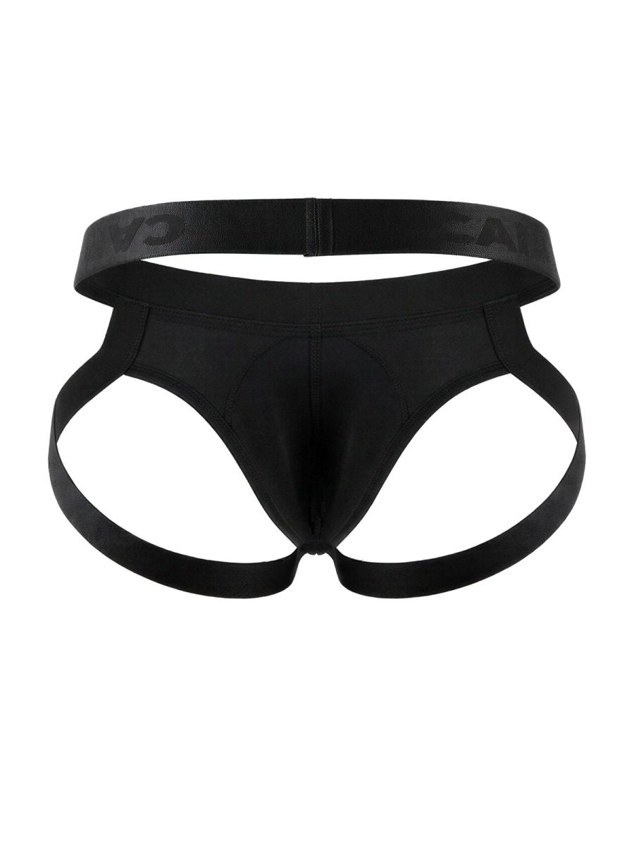 Black satin candyMan 99925 jockstrap briefs with wide elastic waistband and supportive side straps