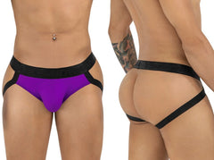 CandyMan 99925 jockstrap in orchid color with purple and black athletic briefs featuring wide waistband and side straps