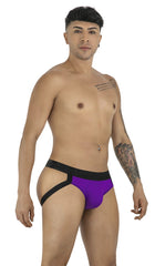 Candyman 99925 jockstrap in orchid color featuring purple and black briefs with a bold modern design