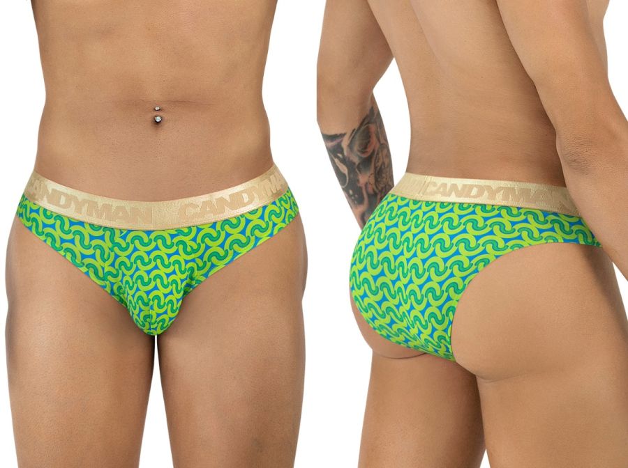Candyman 99926 briefs in bright green and blue pattern with a gold-colored waistband for stylish comfort