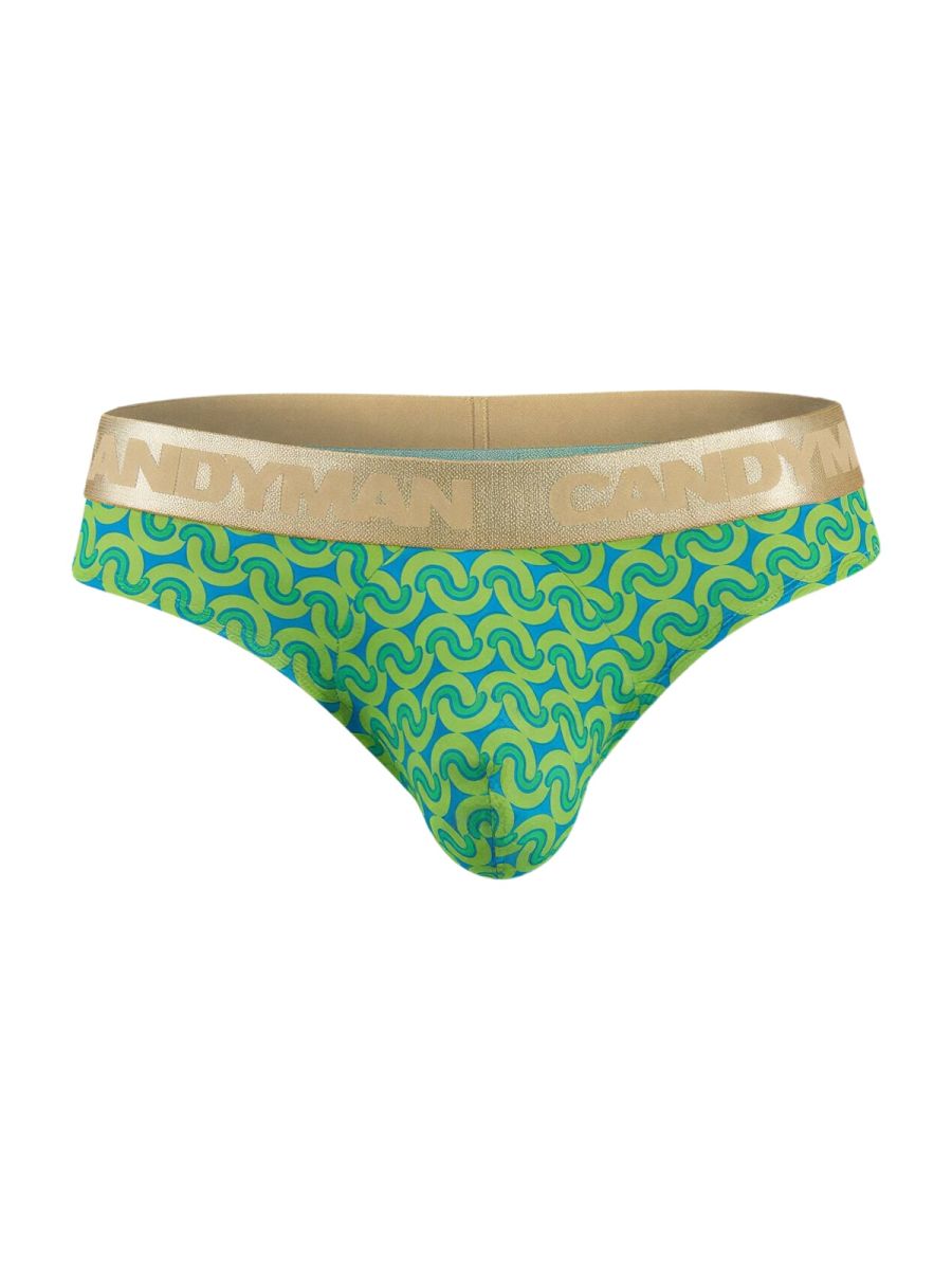 Vibrant green and teal patterned candy man 99926 briefs thong with gold waistband featuring candy man logo