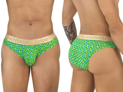 Candyman 99926 briefs in bright green and blue pattern with a gold-colored waistband for stylish comfort