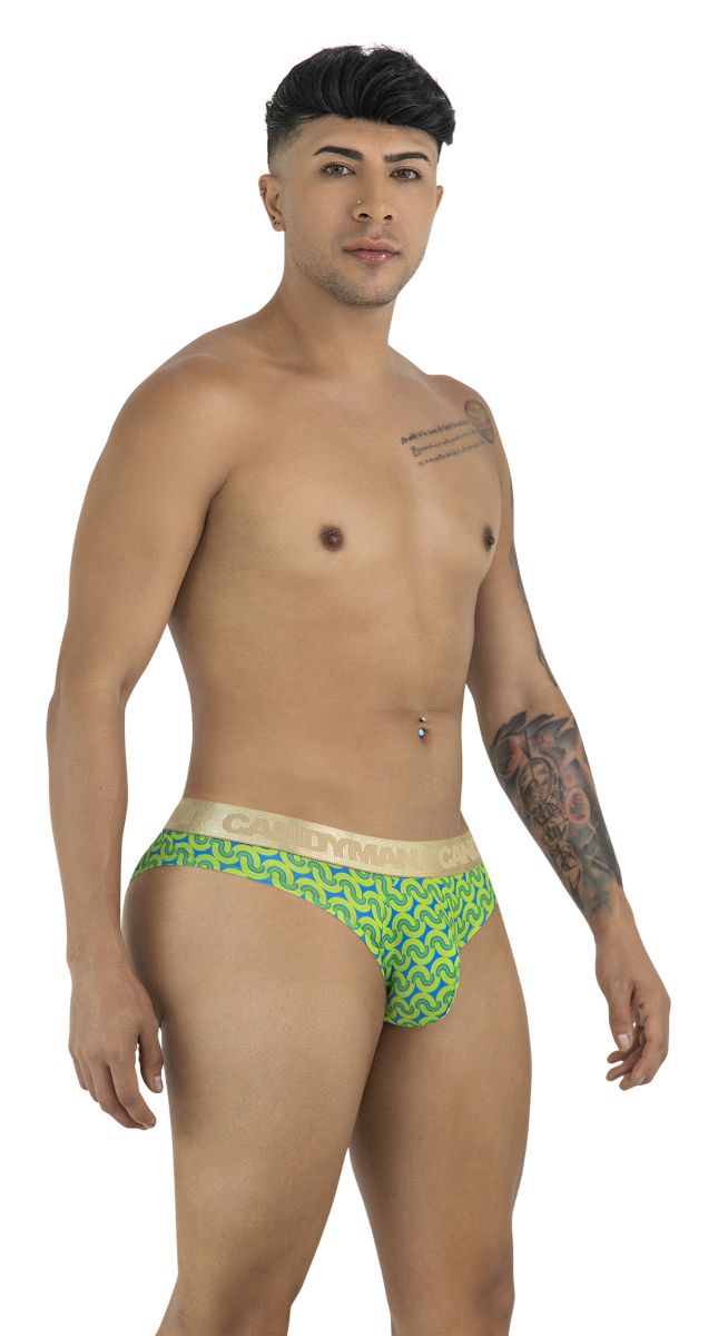 Green patterned briefs with beige waistband featuring candyman brand name in candy man 99926 printed green design