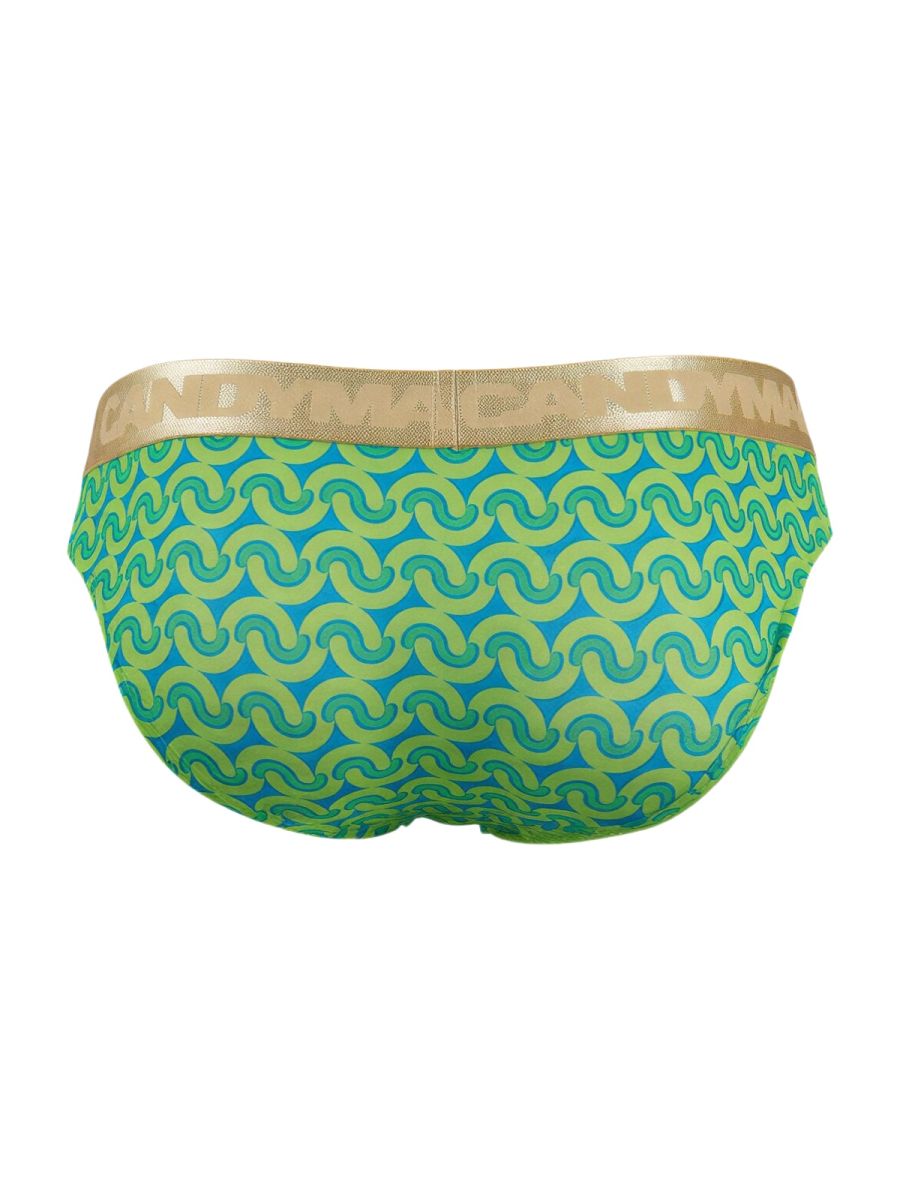 CandyMan 99926 briefs patterned in vibrant turquoise and lime green with a gold andrea paul waistband