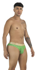 Green patterned briefs with beige waistband featuring candyman brand name in candy man 99926 printed green design