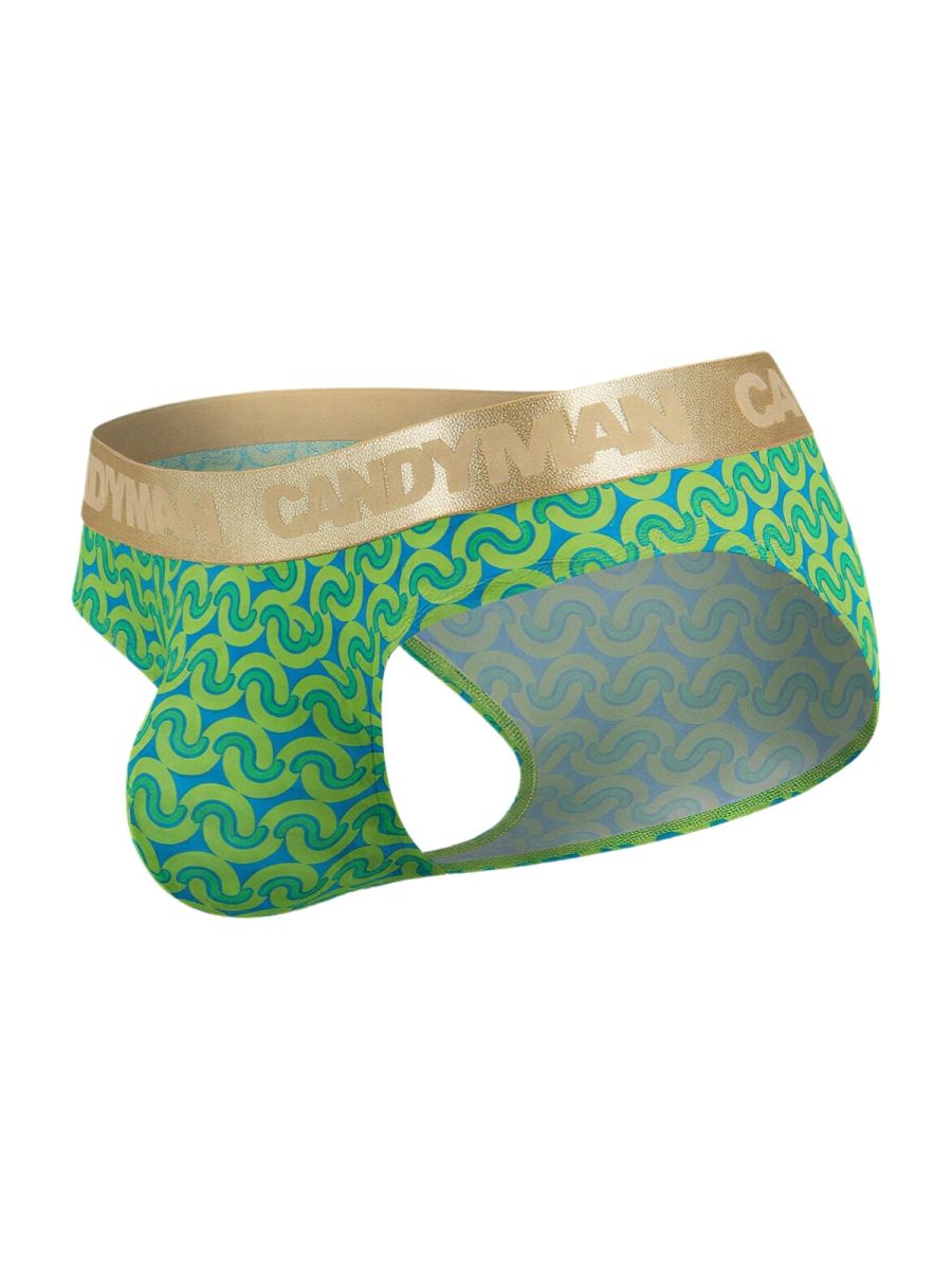 CandyMan 99926 briefs in green with blue patterns and gold waistband designed for men’s underwear