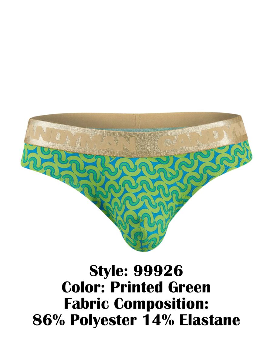 Green and blue patterned printed briefs with gold waistband featuring candyman brand name candyMan 99926 briefs color printed green