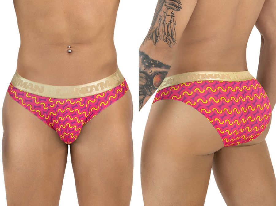 Vibrant pink and yellow wavy patterned candyman 99926 men’s briefs with gold bandyman elastic waistband