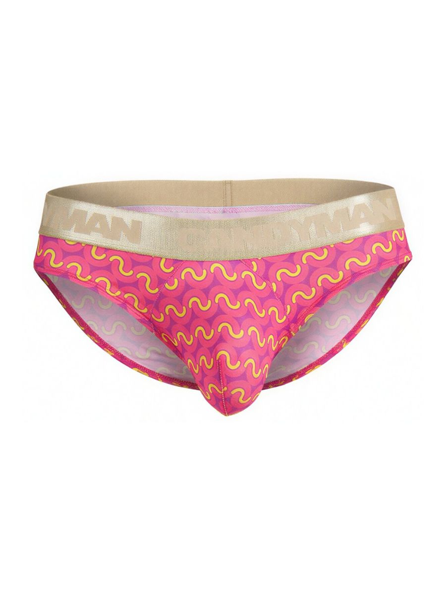 CandyMan 99926 briefs in pink with yellow wavy print and beige elastic waistband featuring man logo in gold