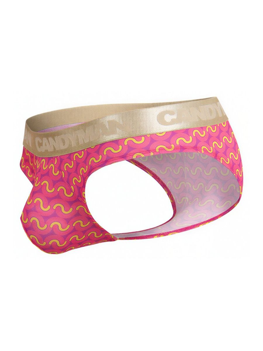 CandyMan 99926 briefs feature pink and gold printed pattern with a sheer mesh panel for stylish men’s underwear