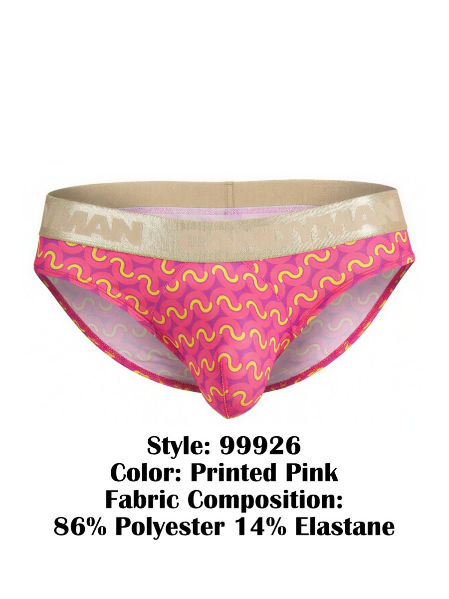 CandyMan 99926 printed pink briefs with vibrant wavy yellow pattern and beige elastic waistband for comfortable wear