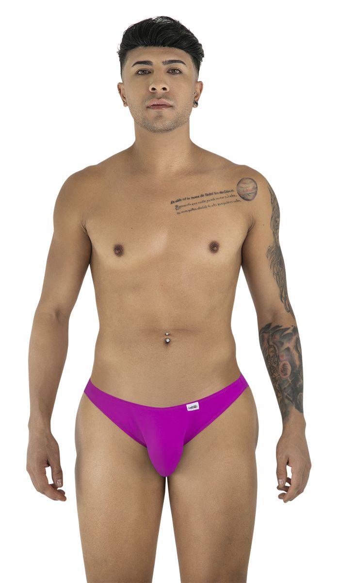 Vibrant purple candy man 99928 bikini briefs with a small white brand tag on the waistband in magenta color