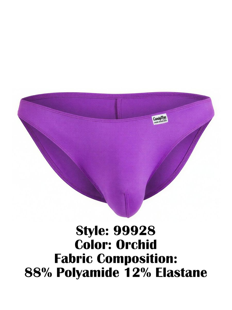 Orchid-colored candyman 99928 bikini men’s briefs made of 88 polyamide 12 elastane showing front view