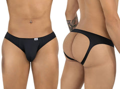 Black candyman 99929 jockstrap showing the back with wide waistband and form-fitting thong straps