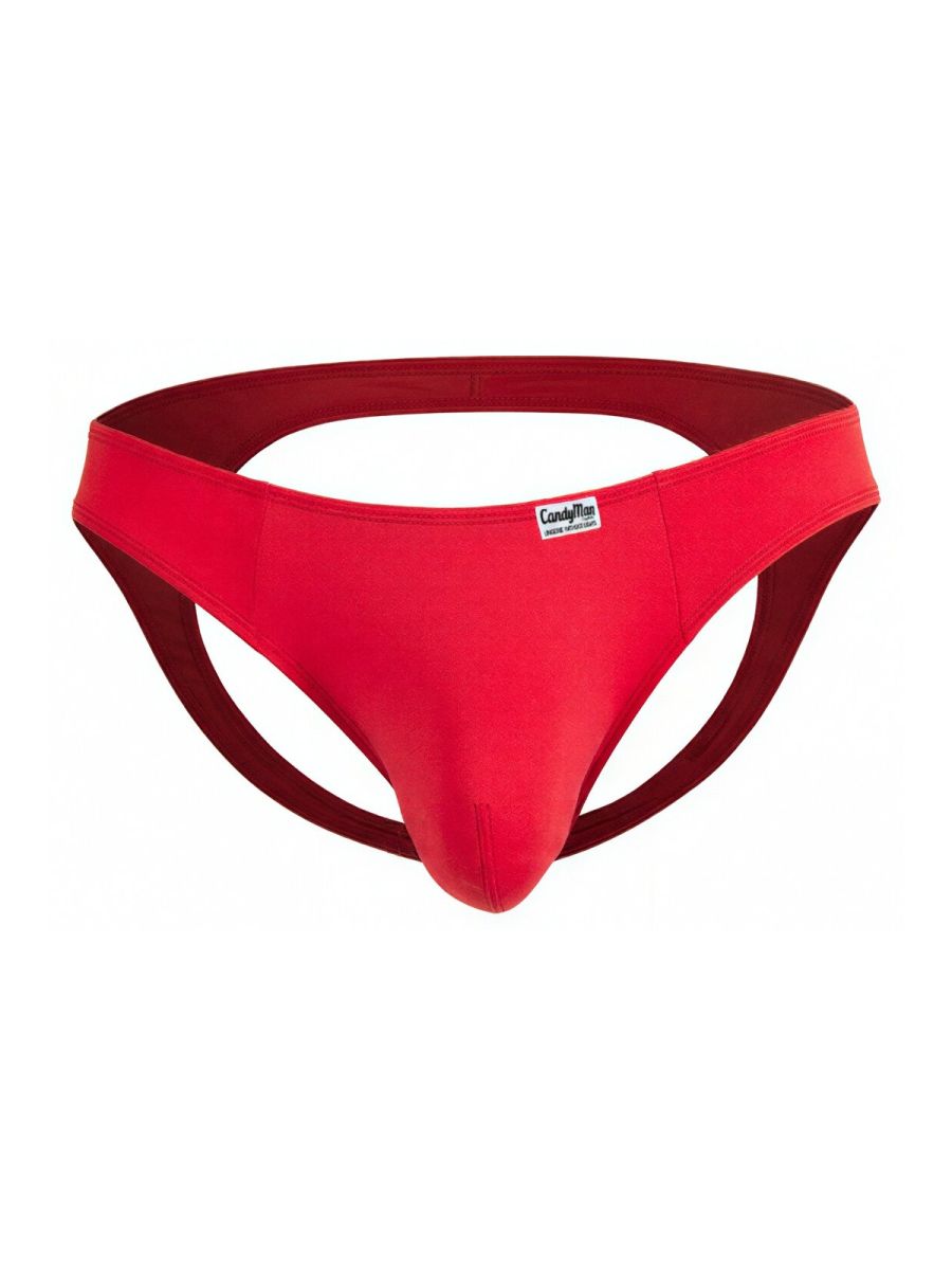 Red candyman 99929 jockstrap thong with smooth solid fabric and dark red inner lining shown from the back side