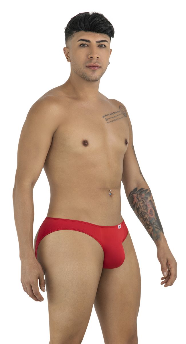 Red candyMan 99929 jockstrap briefs with a small white logo on the left hip designed for men
