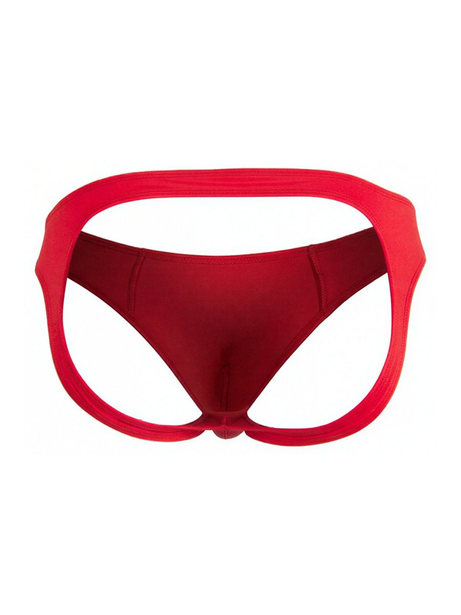 Red candyMan 99929 jockstrap with a bold wide waistband and smooth form-fitting fabric shown from the back