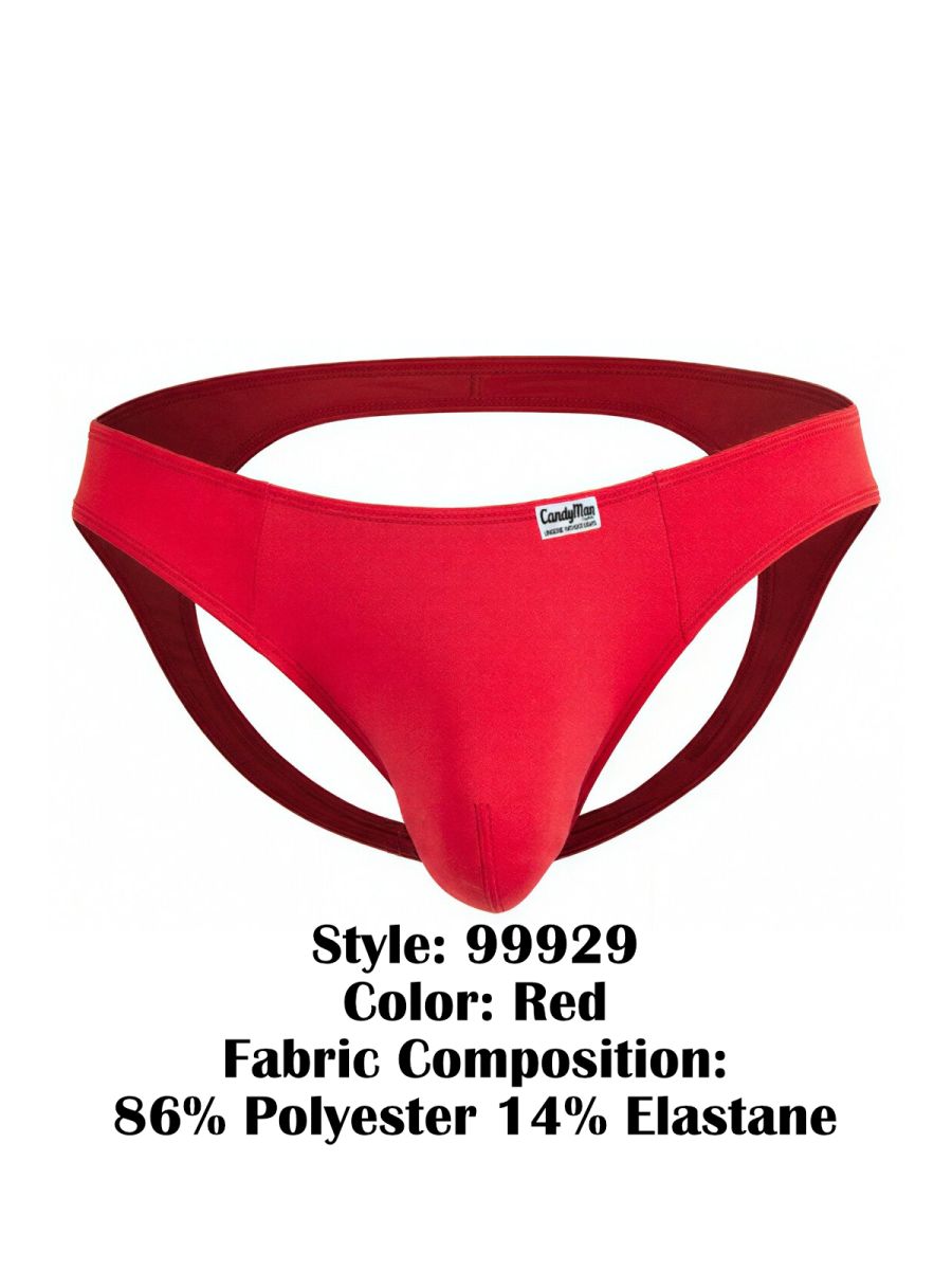 Red candyman 99929 thong in red with smooth stretchy polyester and elastane fabric front view