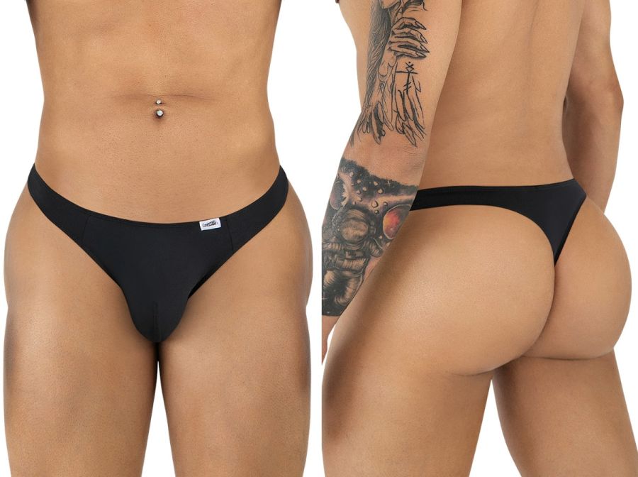 Black CandyMan 99930 thong with a small white brand tag on the waistband showing the back side