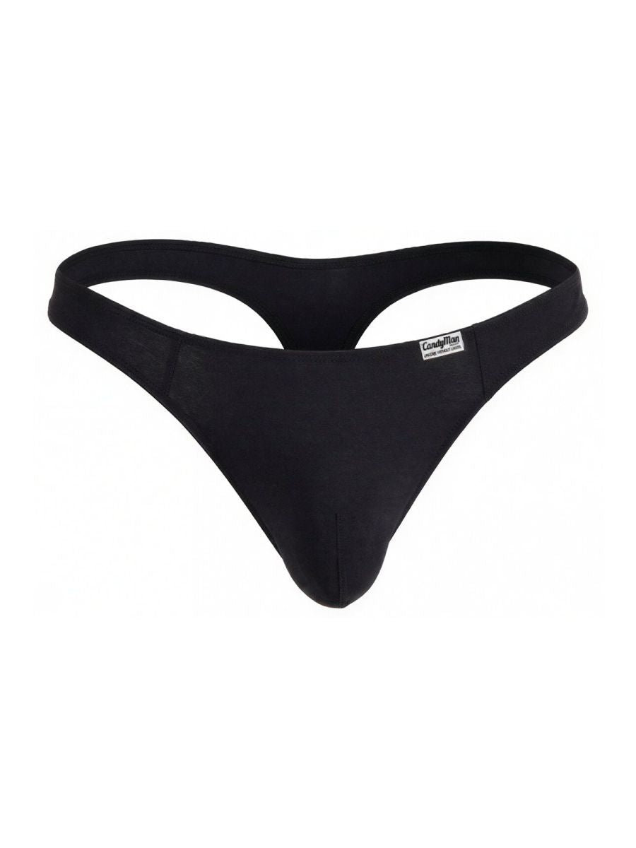 Black seamless thong from CandyMan 99930 with minimalist design and small brand tag on the waistband