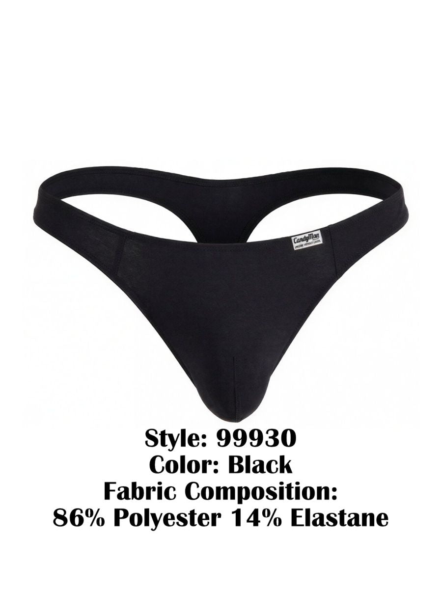 Black CandyMan 99930 thong made of 86% polyester and 14% elastane with sleek form fitting design and brand tag