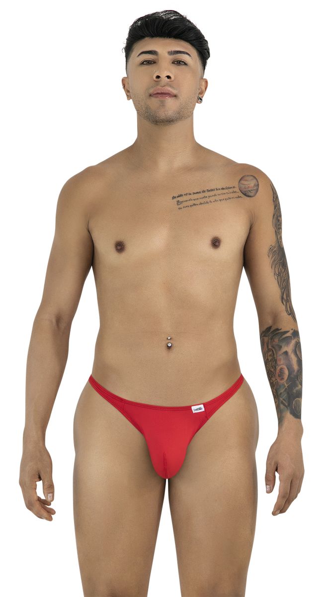 Red thong candyMan 99930 with a small white brand tag on the waistband for comfortable everyday wear
