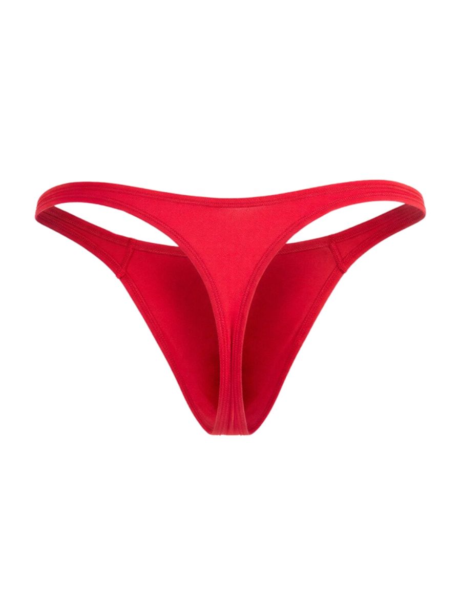 A vibrant red CandyMan 99930 thong made of smooth stretchy fabric with a sleek minimalist design showing the back side