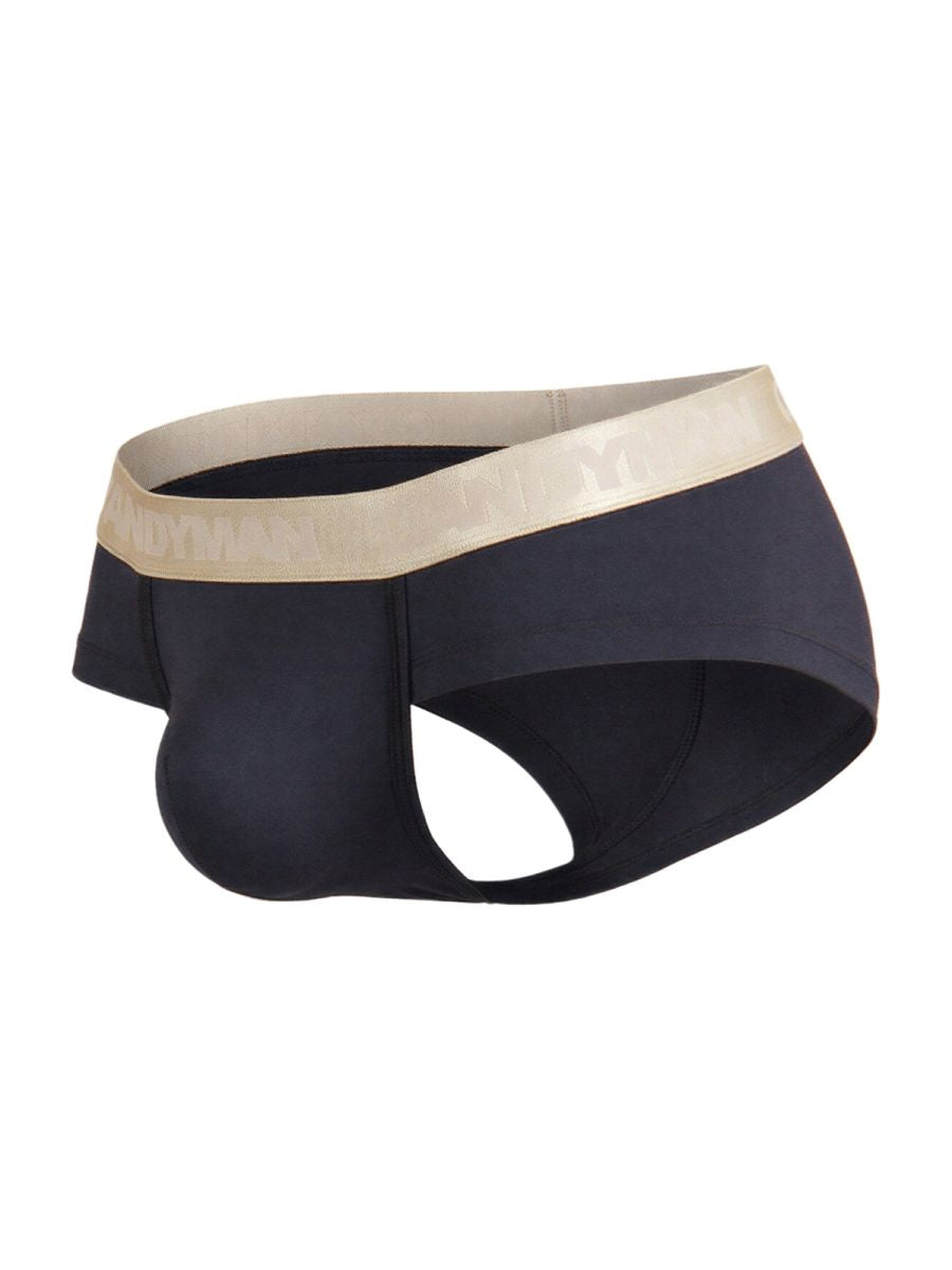 Black candyman 99932 briefs with beige elastic waistband featuring subtle branding in a gold color scheme