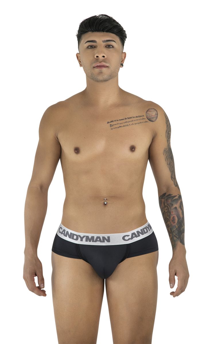 Black candyman 99932 briefs with white waistband featuring bold candyman logo repeating lettering for comfort wear