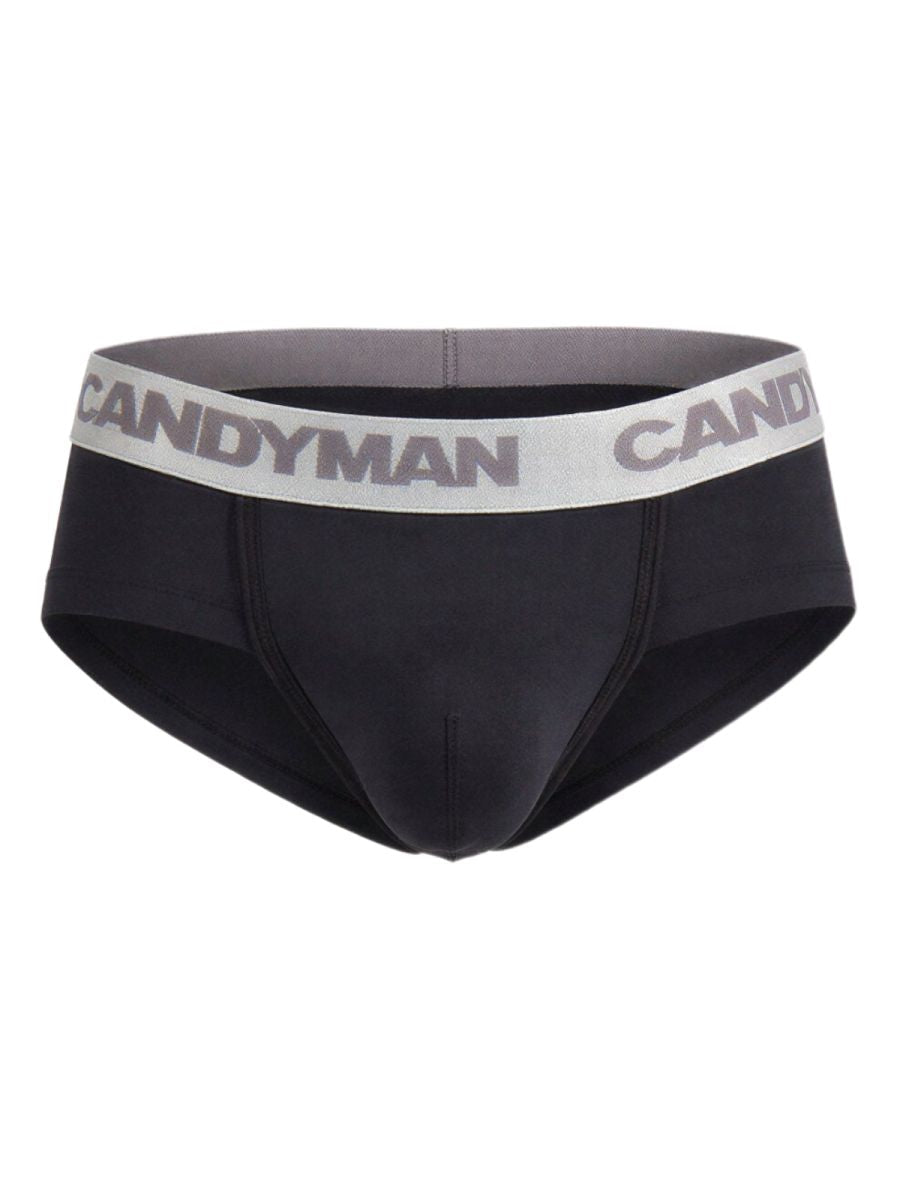 Black CandyMan 99932 briefs with a gray and white waistband featuring bold brand name lettering