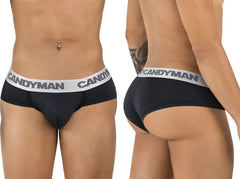 Black candyman 99932 briefs feature a white elastic waistband with bold black candyman logo for comfortable wear