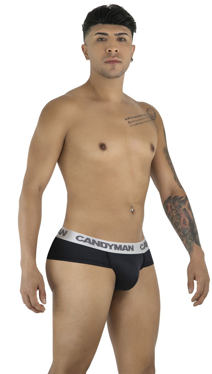 Black candyman 99932 briefs with a white elastic waistband featuring the candyman logo in bold black letters