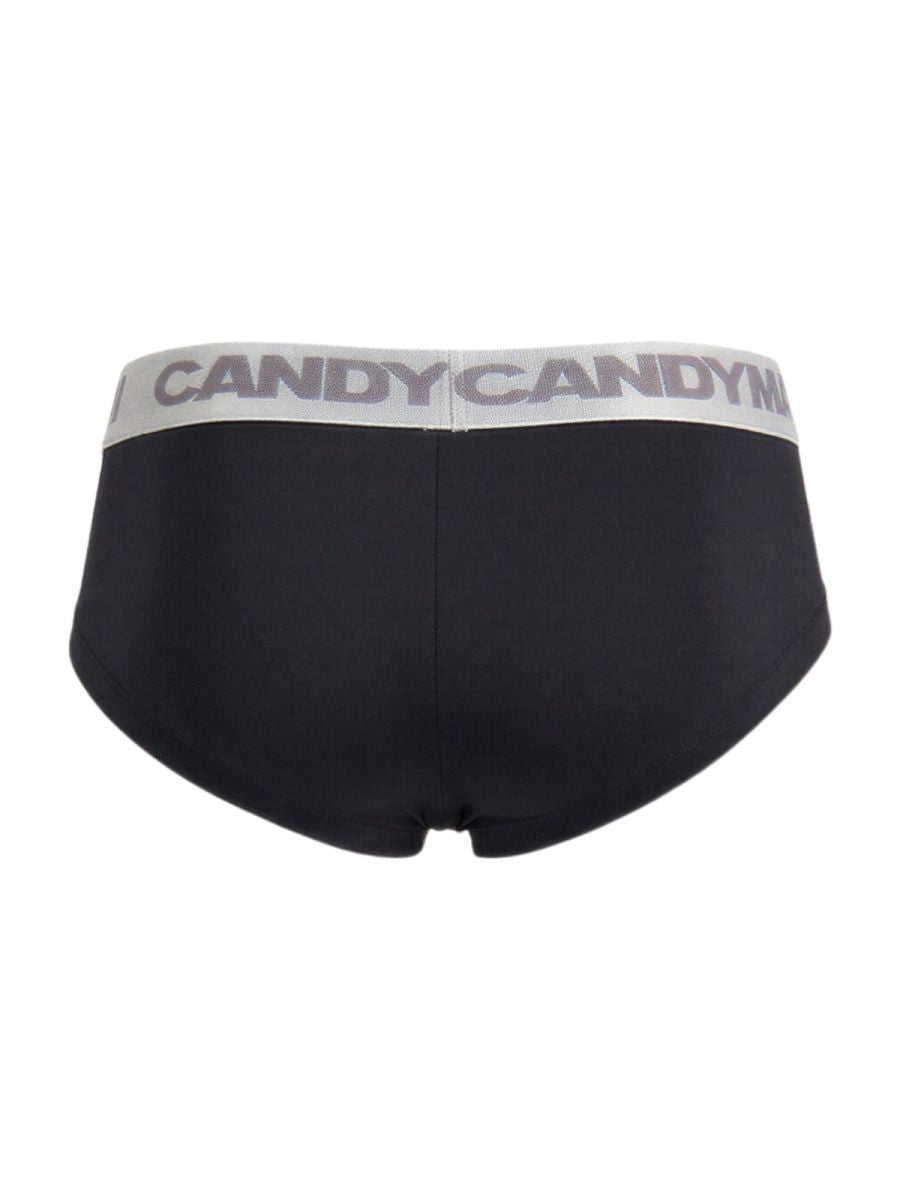 Black briefs with a gray waistband featuring the candy man logo in bold repeating letters in black and silver