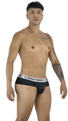 Black candyman 99932 briefs with a white elastic waistband featuring the candyman logo in bold black letters