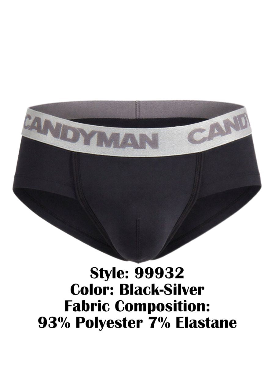 Black and silver candyman 99932 briefs made of 93% polyester and 7% elastane with a sleek brief design