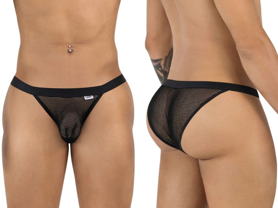 CandyMan 99933 bikini black mesh thong with solid black waistband showing front side design
