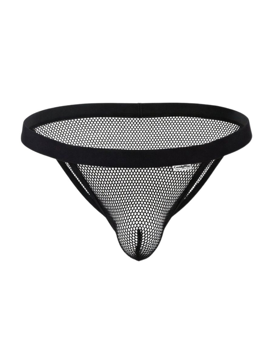 Black mesh thong bikini with solid black waistband and reinforced seams candyMan 99933 color black mesh