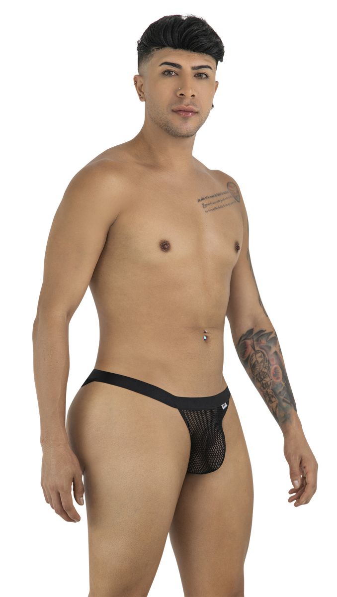 Black mesh thong bikini with solid waistband from candyman 99933 in black showing front view