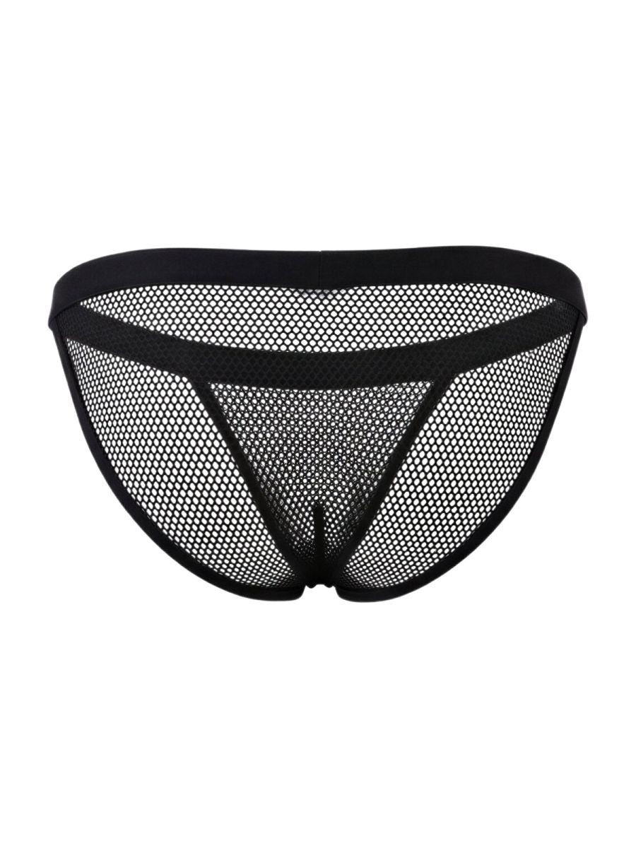 Black mesh briefs candyMan 99933 bikini with solid black waistband and triangular cutout design