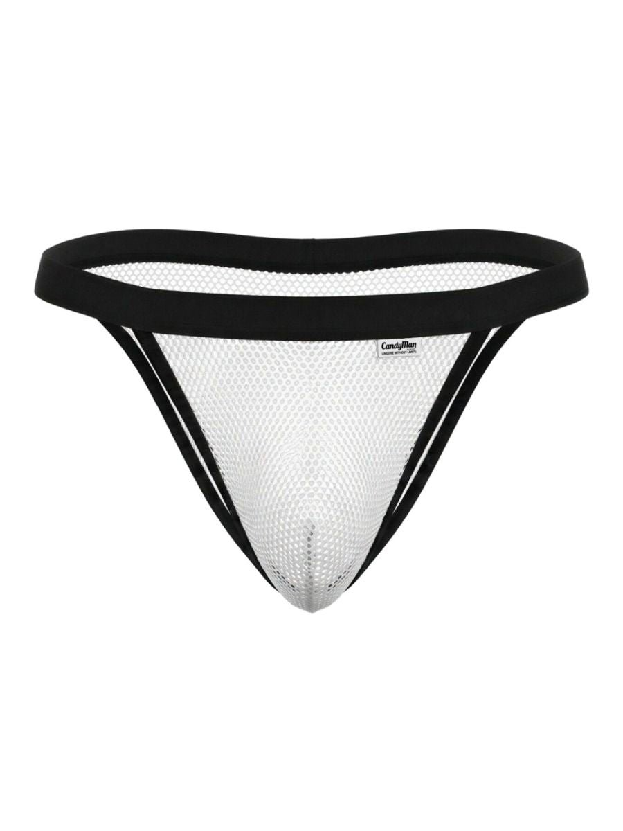 White mesh thong bikini with black elastic trim and small candyman brand label in candyMan 99933 style