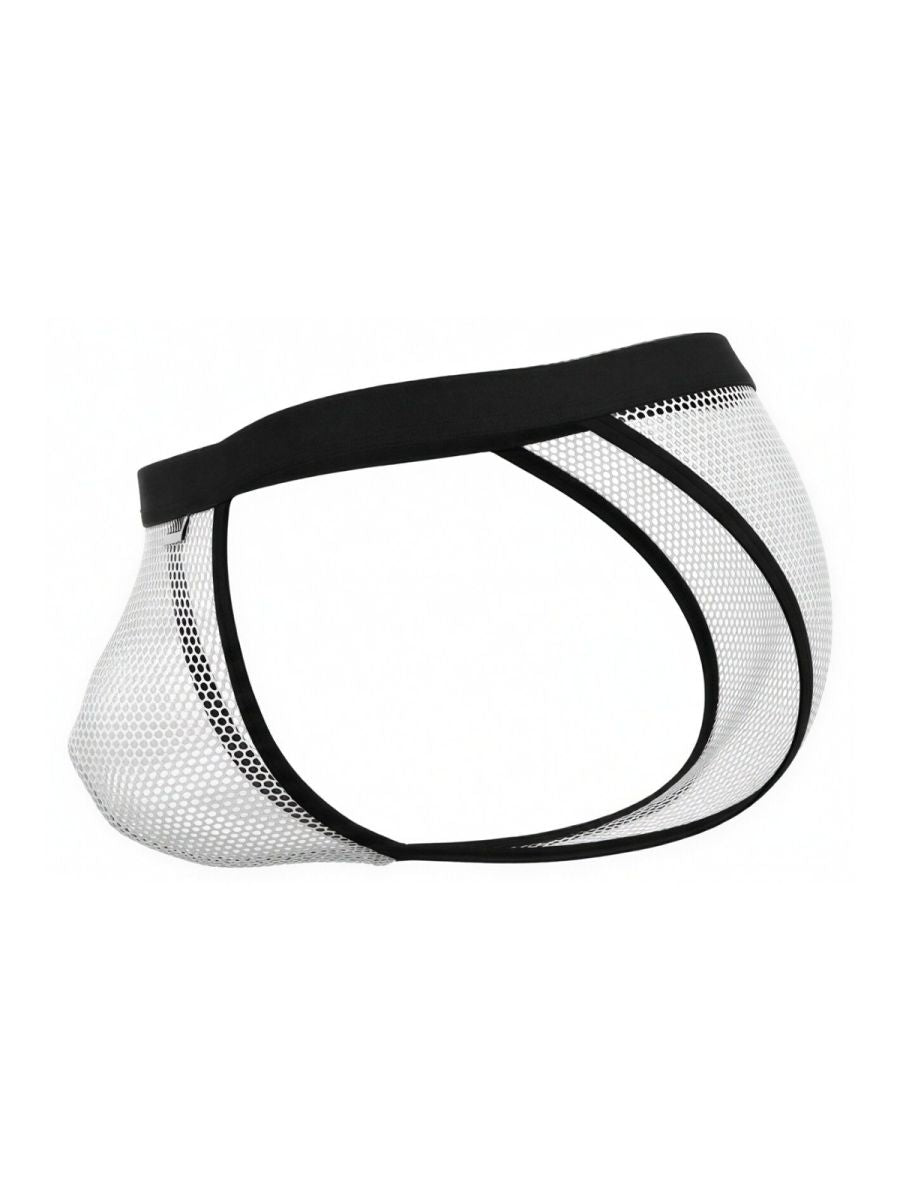 CandyMan 99933 bikini briefs in white mesh with black waistband featuring black and white mesh design