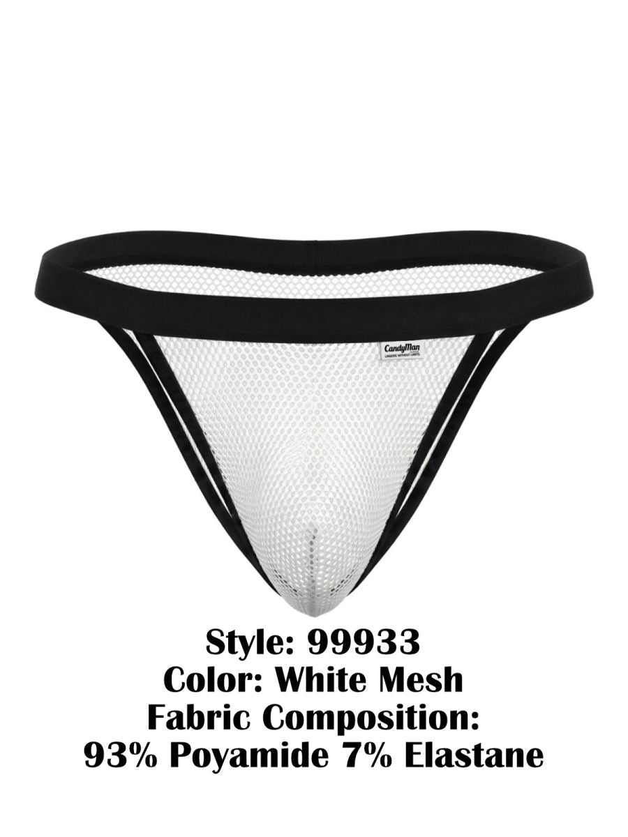White mesh thong bikini with black elastic trim and small brand tag candyMan 99933 color white mesh