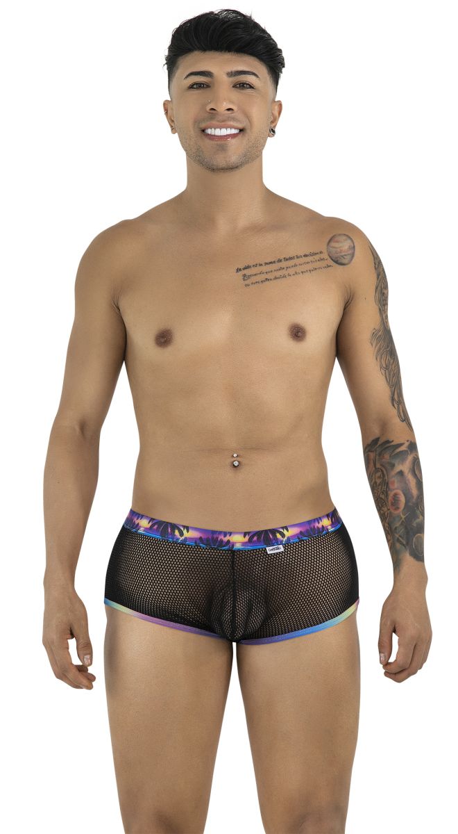 Black mesh briefs candy man 99934 trunks with vibrant purple and blue tropical print waistband