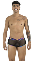 Black mesh briefs candy man 99934 trunks with vibrant purple and blue tropical print waistband