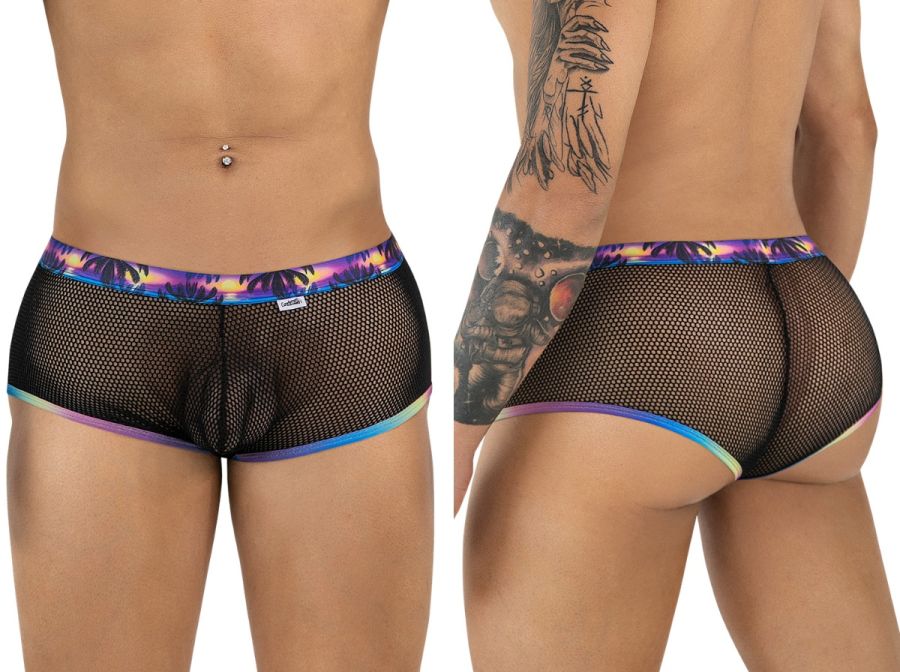 Black mesh CandyMan 99934 trunks with vibrant iridescent rainbow trim on waistband and leg openings