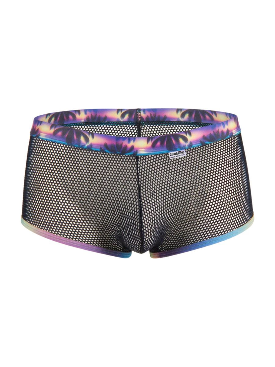 Black mesh CandyMan 99934 swim trunks with vibrant purple and blue palm tree pattern on the waistband