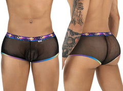 Black mesh CandyMan 99934 trunks with vibrant iridescent rainbow trim on waistband and leg openings