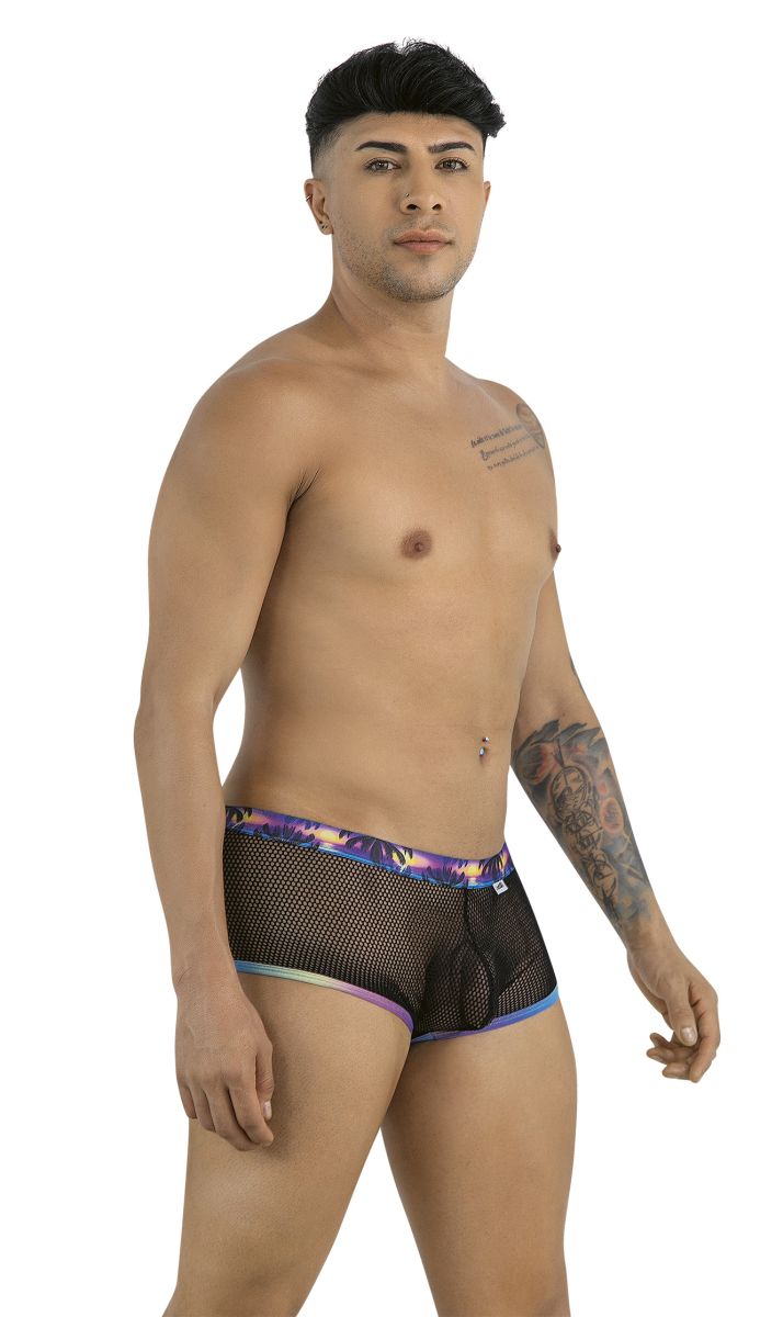 Black mesh briefs candyMan 99934 trunks with vibrant purple and blue patterned waistband